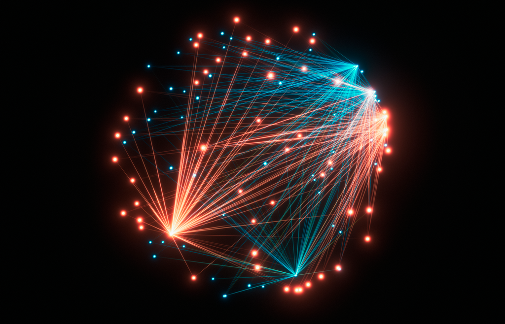 Digital image of a network of orange and blue luminous dots on a black background