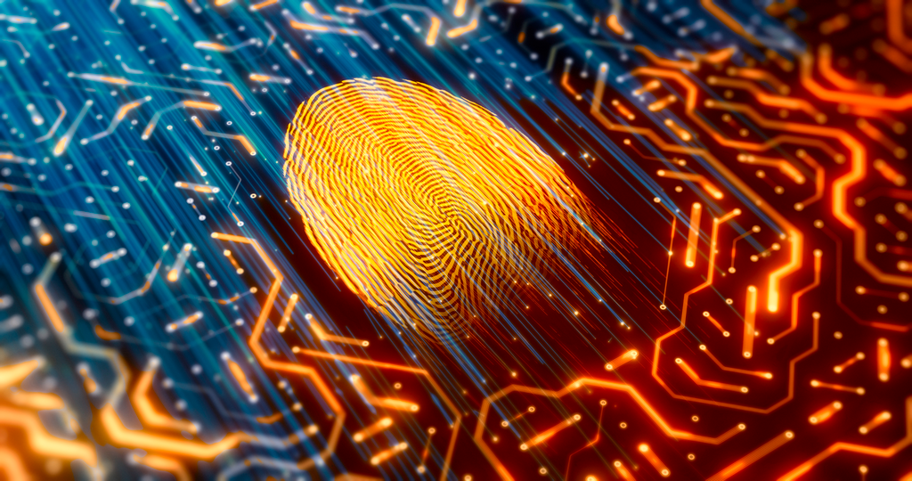 Digital image luminous and orange fingerprint on luminescent electronic circuits background